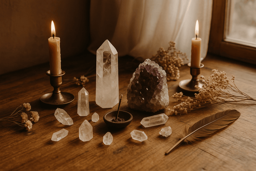 un altar din cuart transparent in podea de lemn impreuna cu doua lumani cre ard pe podea sunt si plante uscate