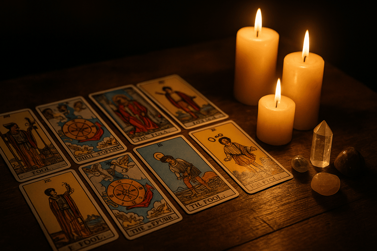 O masă iluminată de lumânări, cu un set clasic Rider–Waite de cărți de tarot răsfirate, alături de cristale naturale. Atmosferă mistică și profesională, perfectă pentru un articol introductiv despre tarot.
