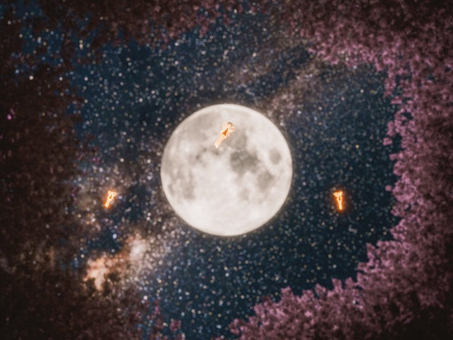 Flower Moon 2026 with spring blossoms and a bright full moon in the night sky