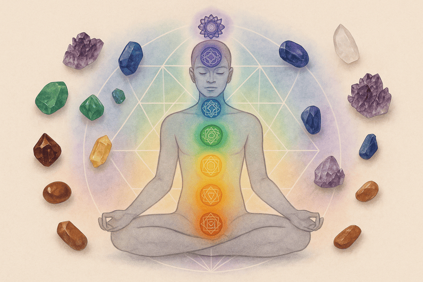 un om in pozitia lotus meditand avand cele 7 chakre active inconjurat de cristale