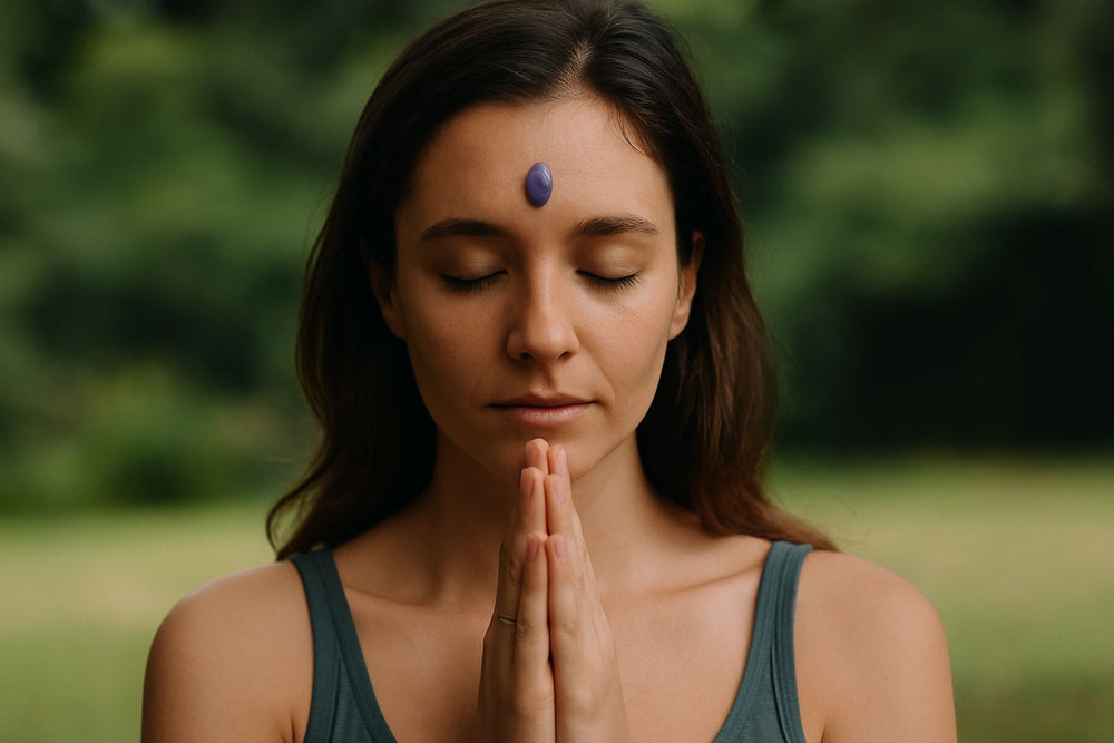 o fata facand meditatie cu un ametist pe frunte si cu mainile in rugaciune