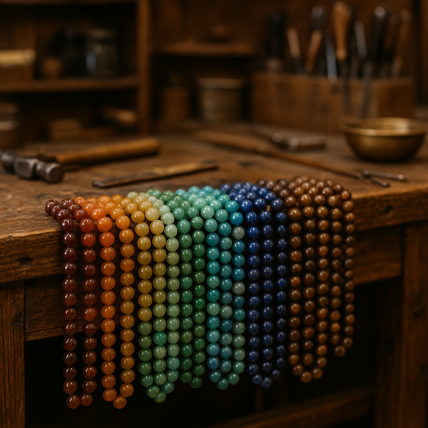 Siraguri din margele intr-un atelier de bijuterii, pregatite pentru a fi folosite