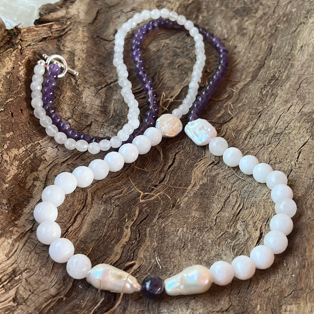 Colier lung ametist, jad si perle jad alb, perle Serenity#16, pietre semipretioase - druzy.ro 2 