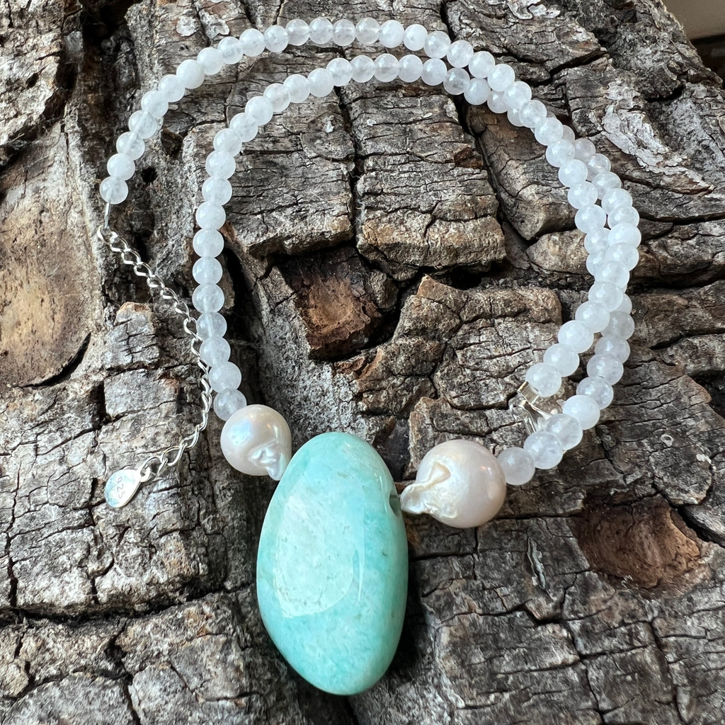 Colier jad alb cu amazonit și perle Inner Peace #65, pietre semipretioase - druzy.ro 3 