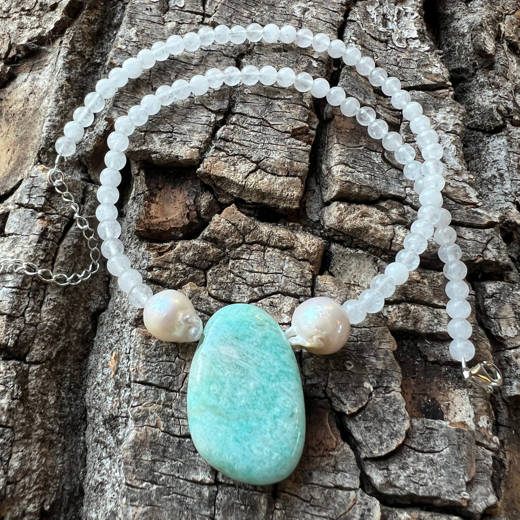Colier jad alb cu amazonit și perle Inner Peace #65, pietre semipretioase - druzy.ro 2 
