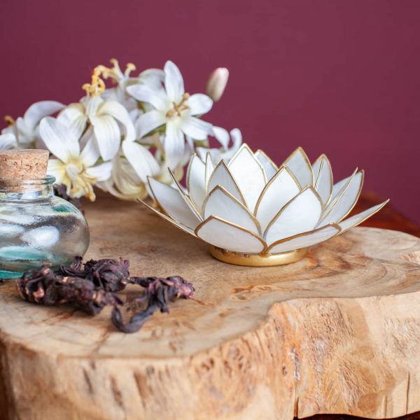 Suport lumanare alb deschis floare lotus din Philippine cu cochilii Capiz, druzy.ro 2