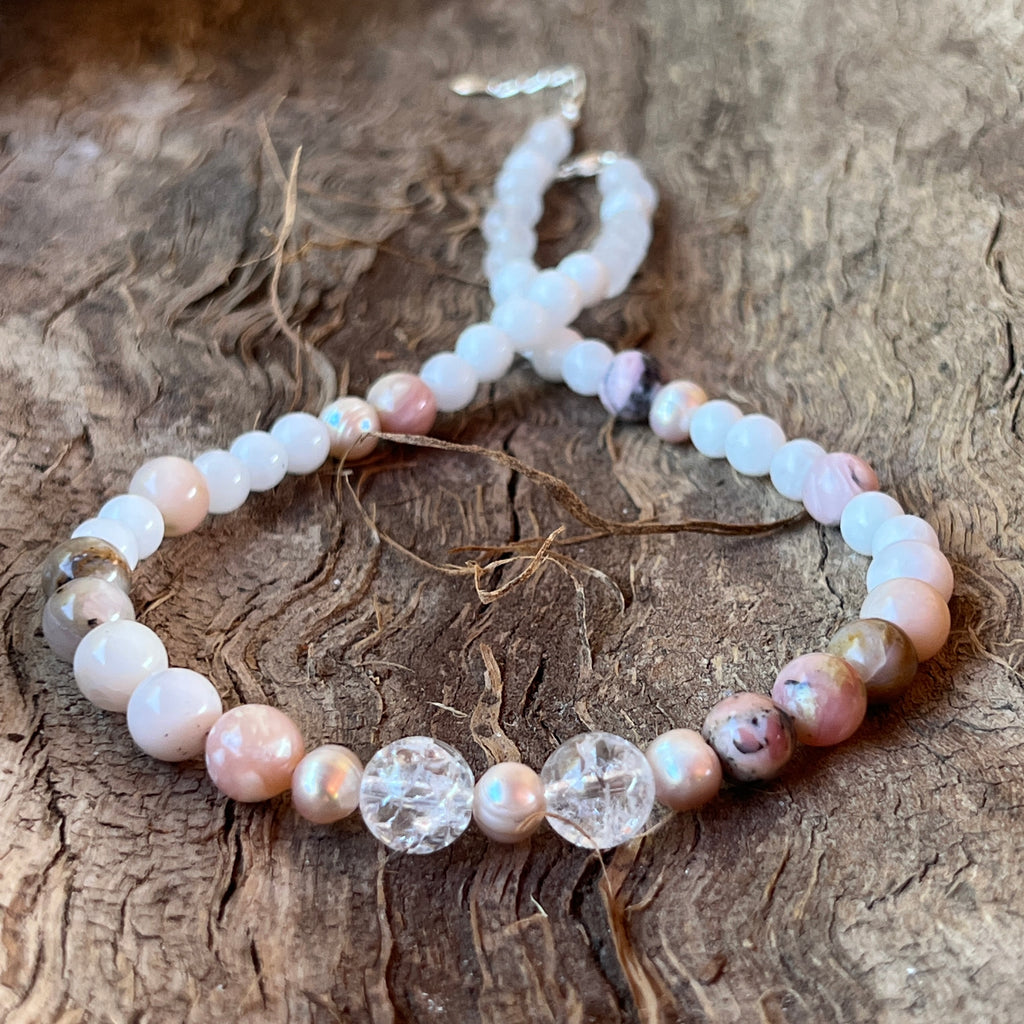 Colier opal roz, cuart, perle, jad Coral Grace#22, pietre semipretioase - druzy.ro 1 