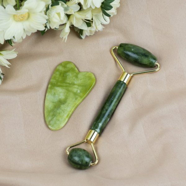 Rola dubla masaj facial jad verde in cutie cadou natur 14 cm, druzy.ro, cristale 4